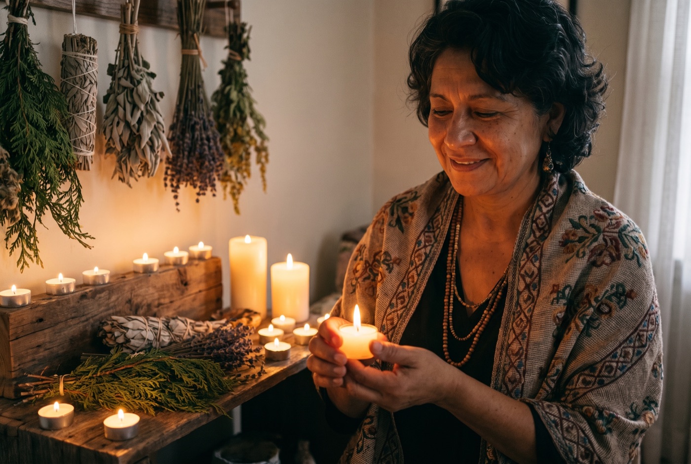 Carmen Luz at her table — love & spirit reading