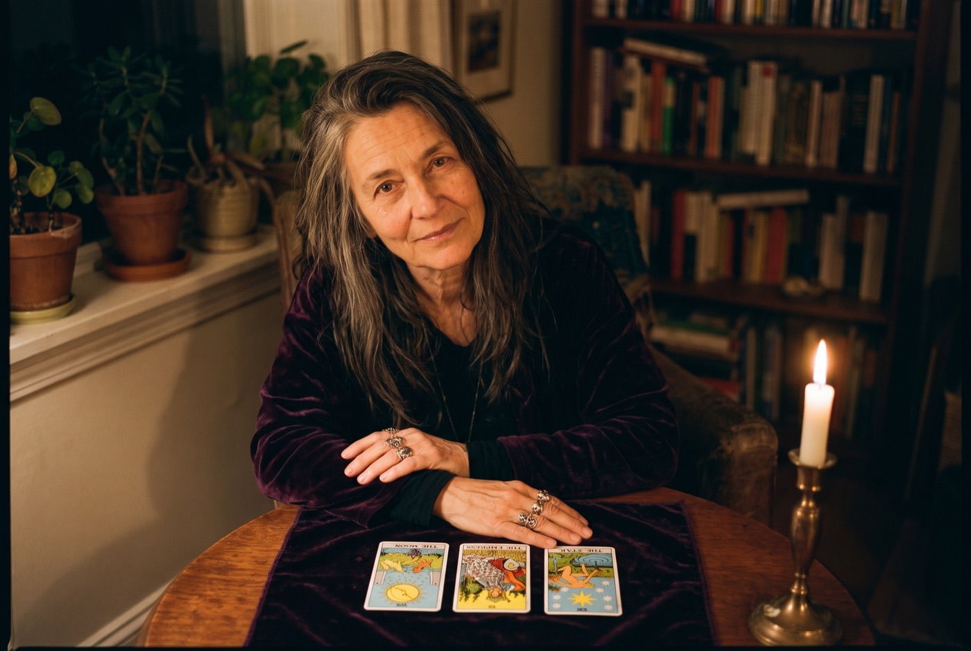 Madame Selene at her table — palmistry & tarot reading